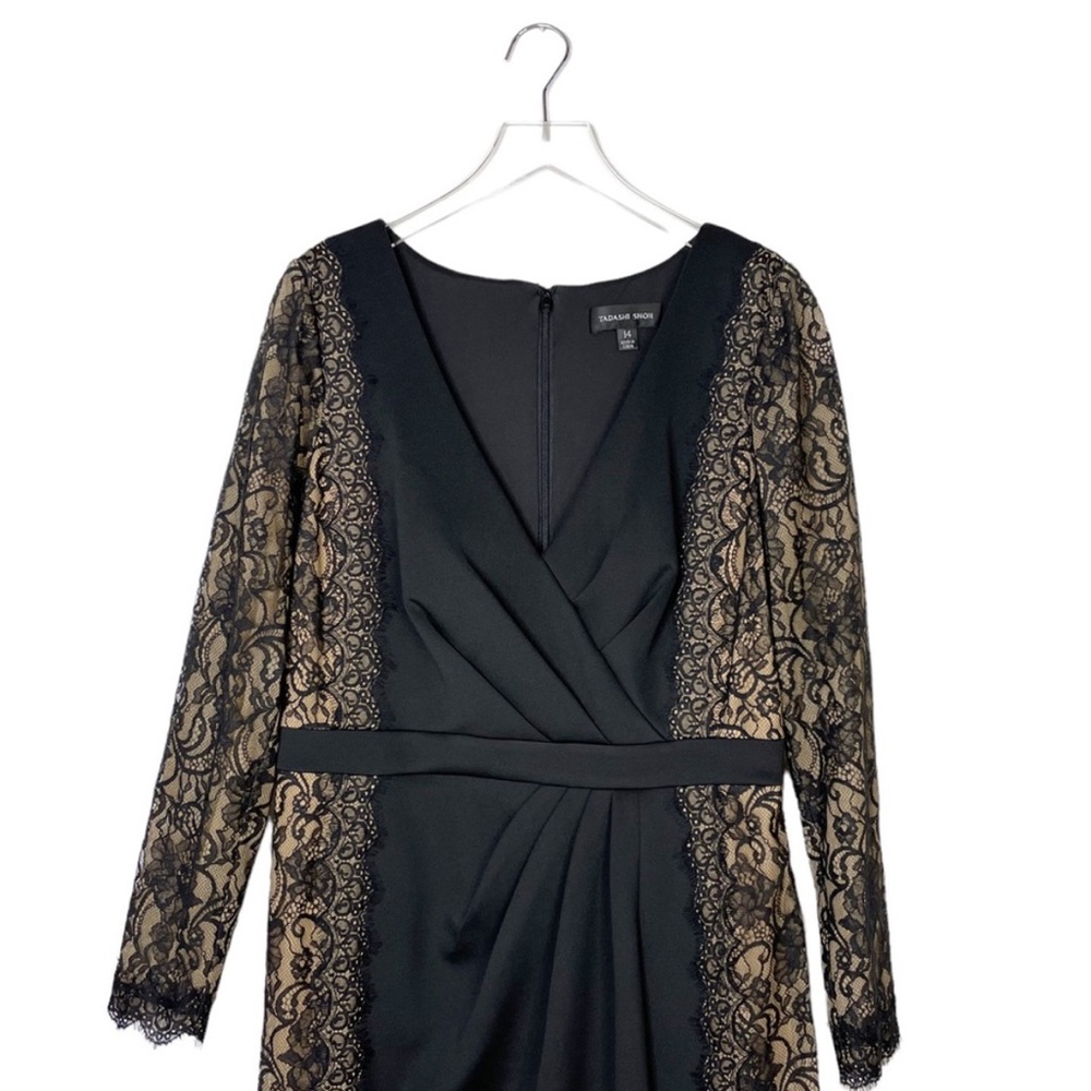 Tadashi Shoji Faux Wrap Lace Dress in Black/Nude - Picture 7 of 13